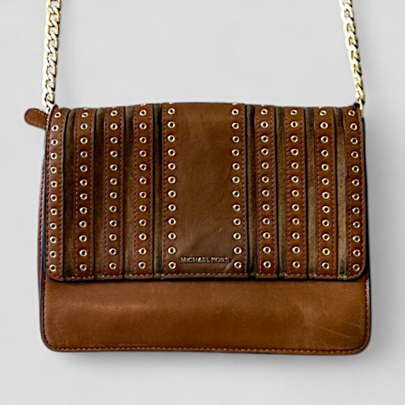 MICHAEL KORS Brooklyn Crossbody Purse Grommet Leather Saddle Caramel Brown Bag - Picture 1 of 10